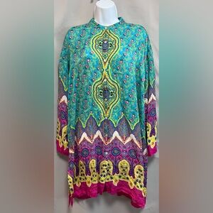 Go SILK 100% Silk Tunic Button Down Shirt Blouse Patterned Flowy Size‎ Large